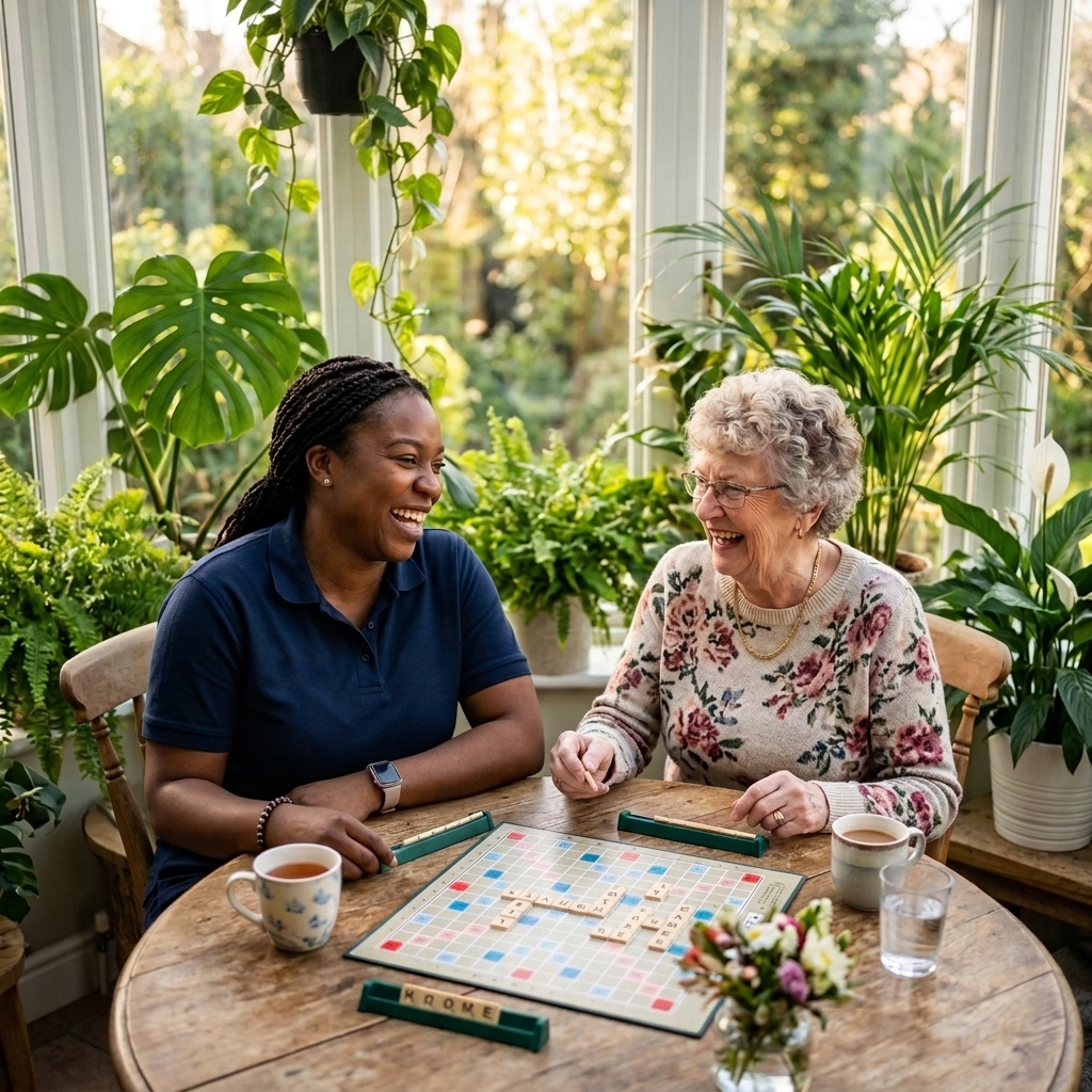 Caregiver with client playing a game