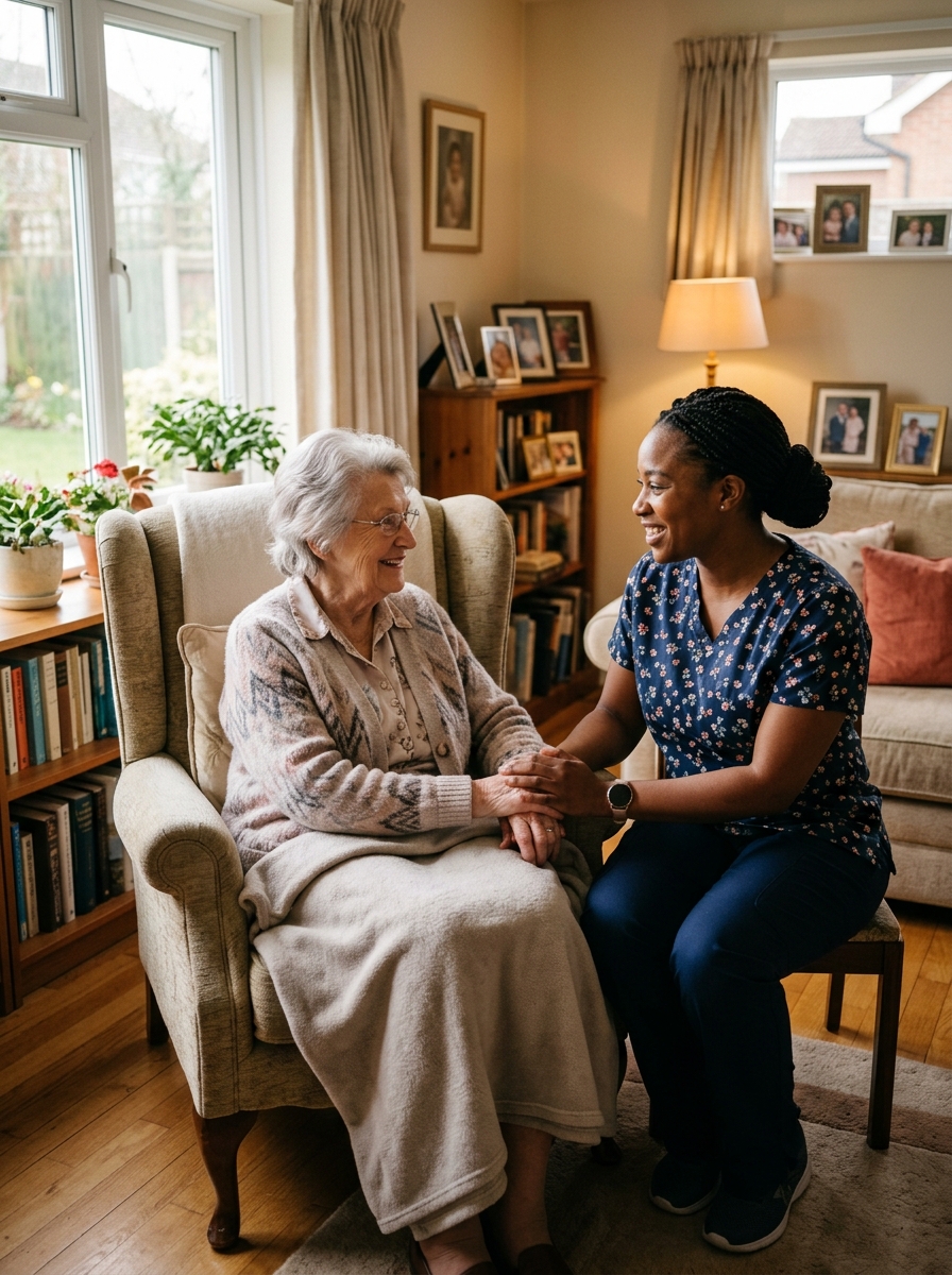 African American caregiver assisting a client in a warm home