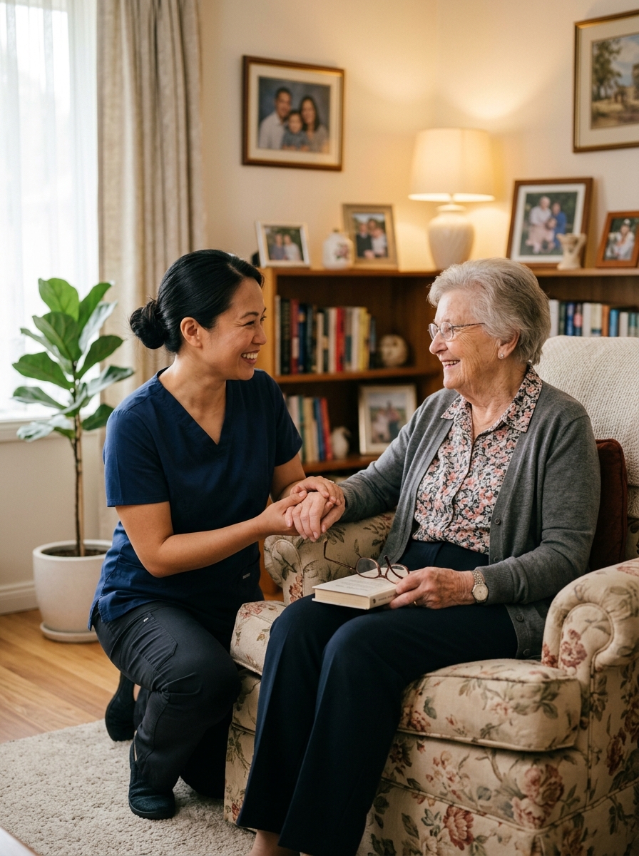 Asian American caregiver with older client smiling